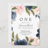 Blush and Navy Flowers White Wreath First Birthday Invitation (Front)
