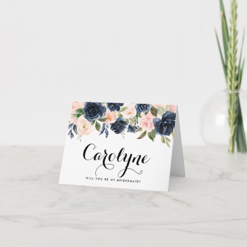 Blush and Navy Flowers Will You Be My Bridesmaid Card