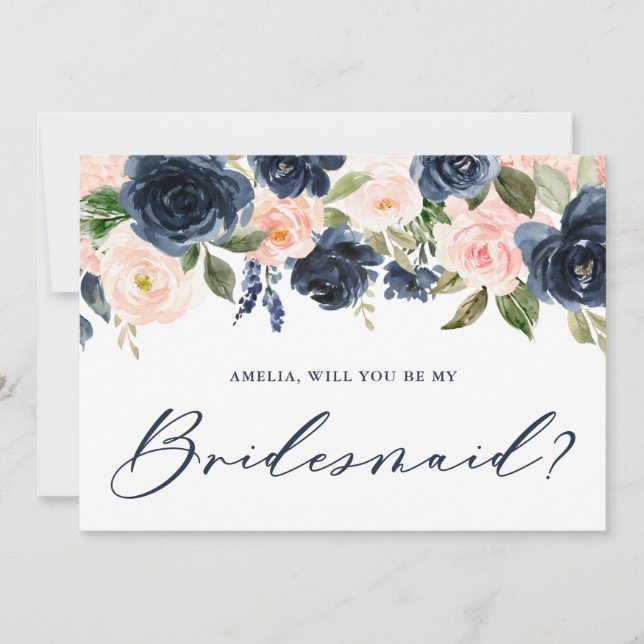 Blush and Navy Flowers Will You Be My Bridesmaid Invitation (Front)