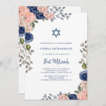 Blush and Navy Hand Drawn Flowers | Bat Mitzvah Invitation<br><div class="desc">These beautiful Bat Mitzvah invitations feature pretty blush pink and navy blue hand painted watercolor flowers on a crisp white background. A boho chic and trendy style that also features a matching Star of David. A mix of bold,  serif text and handwritten script.</div>