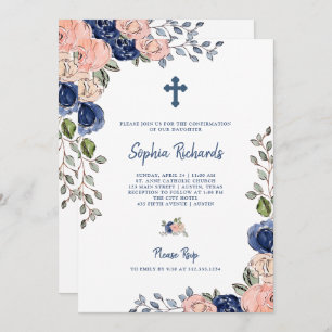 Blush and Navy Hand Drawn Flowers Confirmation Invitation