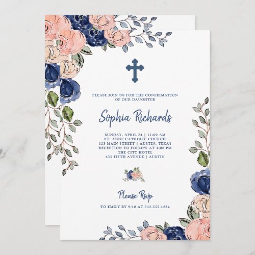 Blush and Navy Hand Drawn Flowers  Confirmation Invitation