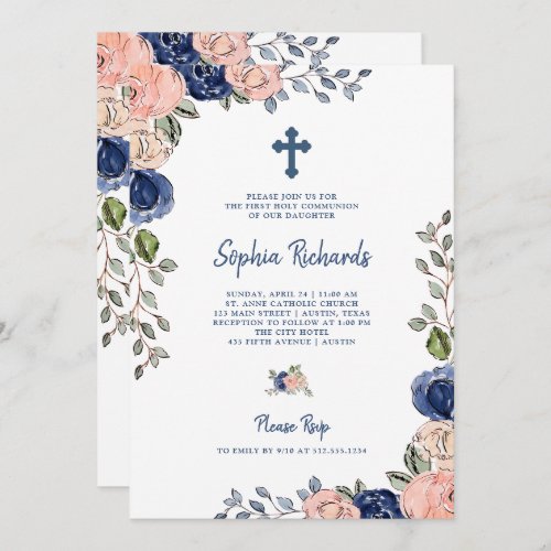 Blush and Navy Hand Drawn Flowers First Communion Invitation