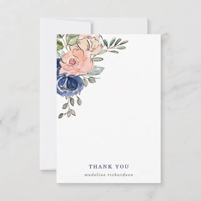 Blush and Navy Hand Painted Floral Thank You Card | Zazzle