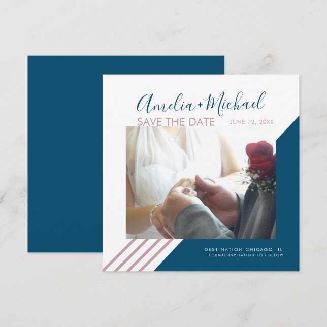 Blush and Navy Lines Save the Date  Kraft Card (Front/Back)