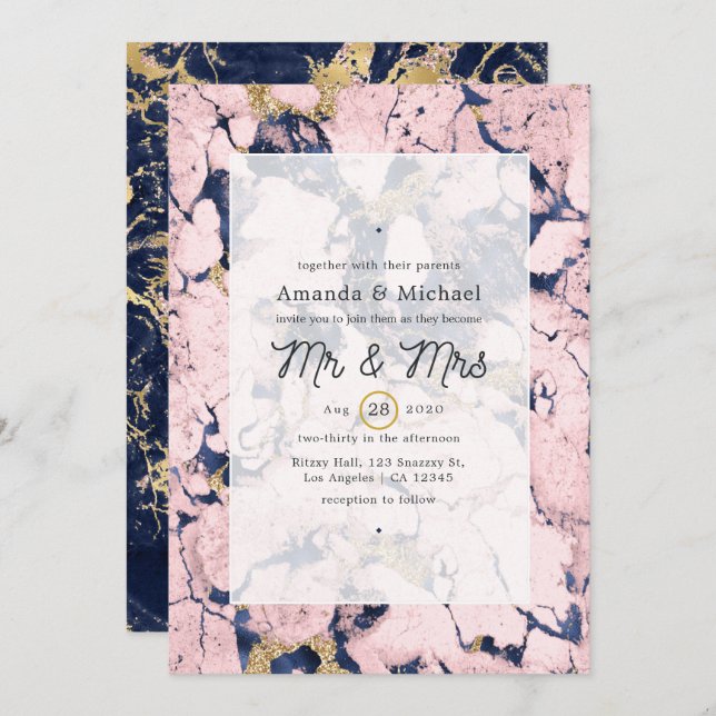 Blush and Navy Marble Wedding Invitation (Front/Back)