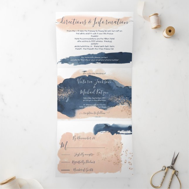 Blush and Navy Modern Wedding Tri-Fold Invitation (Inside)