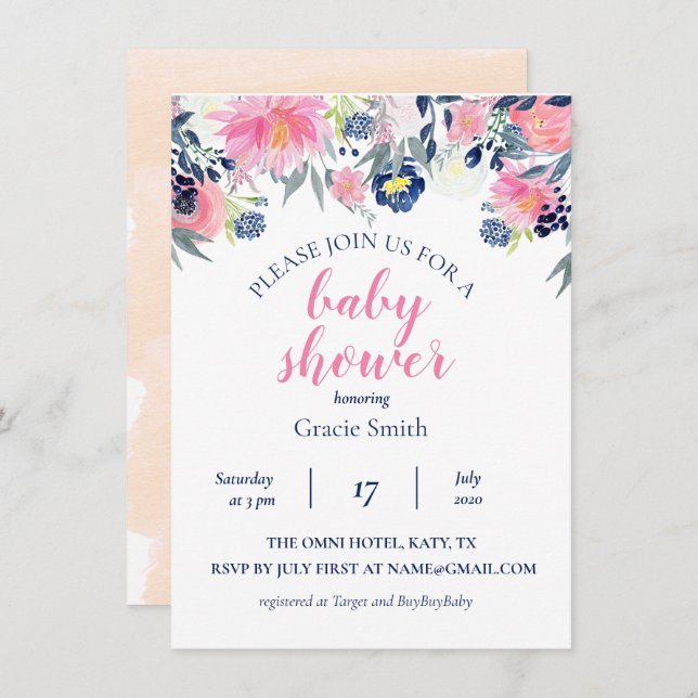 Blush and Navy Watercolor Baby Shower Invitation (Front/Back)