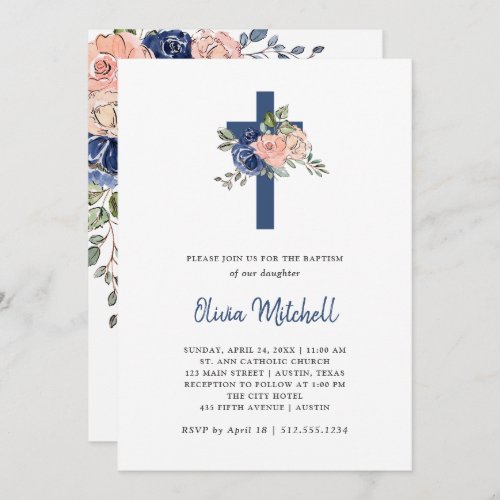 Blush and Navy Watercolor Floral and Cross Baptism Invitation
