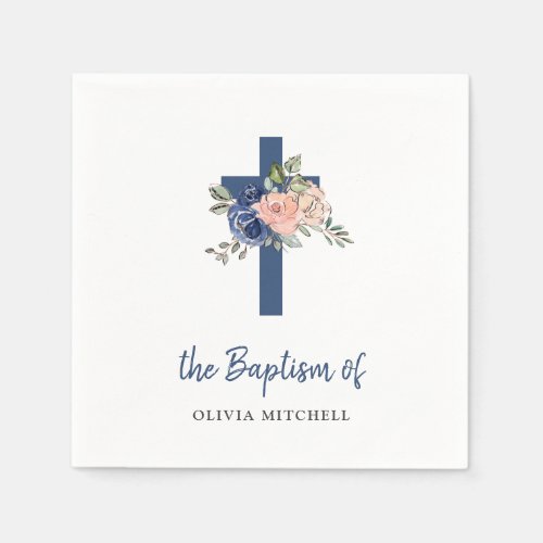 Blush and Navy Watercolor Floral and Cross Baptism Napkins