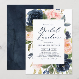 Blush and Navy Watercolor Floral Bridal Luncheon Invitation