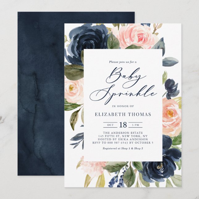 Blush and Navy Watercolor Flowers Baby Sprinkle Invitation (Front/Back)