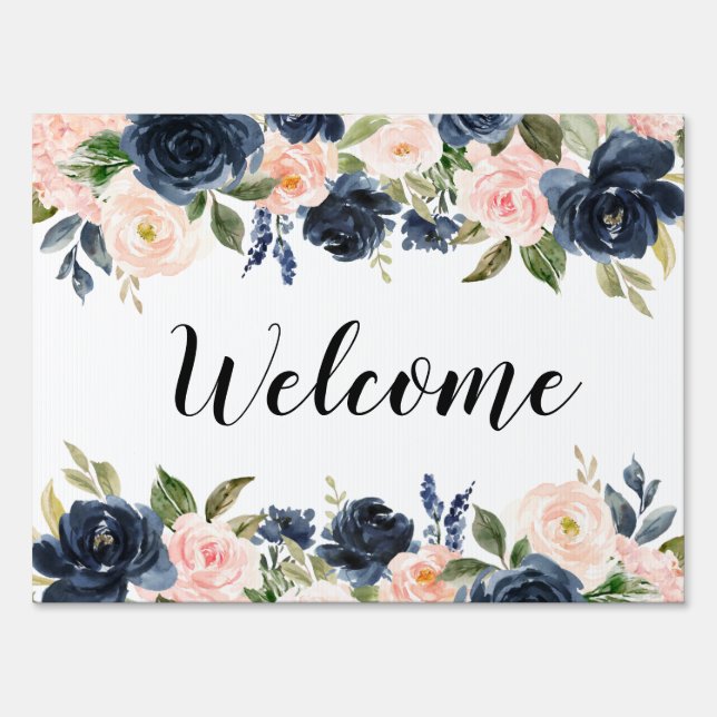 Blush and Navy Welcome Sign Floral Bridal Shower (Front)