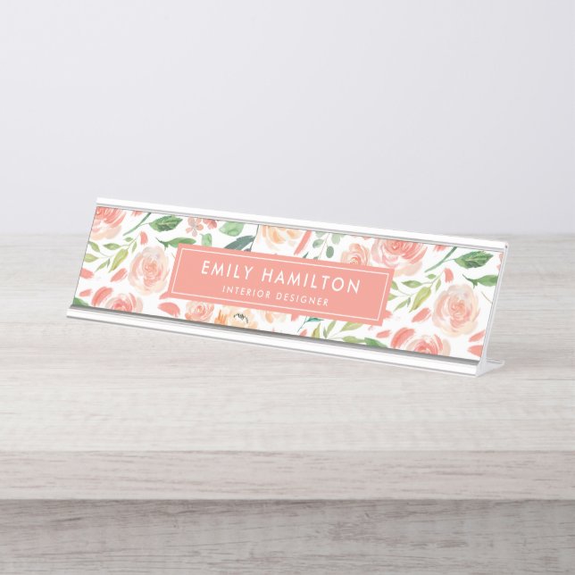 Blush and Peach Floral | Personalized Desk Name Plate (Front)