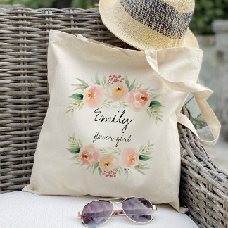 blush and peach pink floral flower girl favor tote bag