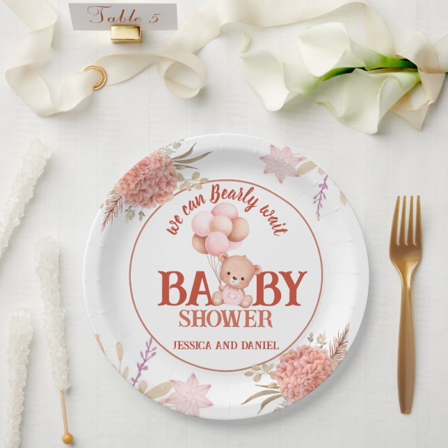 Blush and Pink Bear Baby Shower 9" Paper Plates (Wedding)