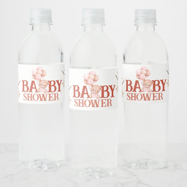 Blush and Pink Bear Baby Shower Water Bottle Label (Bottles)
