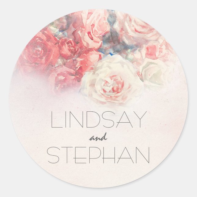 Blush and Pink Roses Watercolor Wedding Classic Round Sticker (Front)