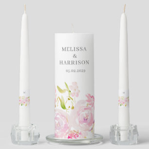 Blush and Pink Watercolor Boho Flowers Wedding  Unity Candle Set