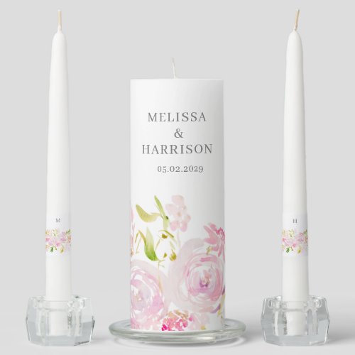 Blush and Pink Watercolor Boho Flowers Wedding  Unity Candle Set