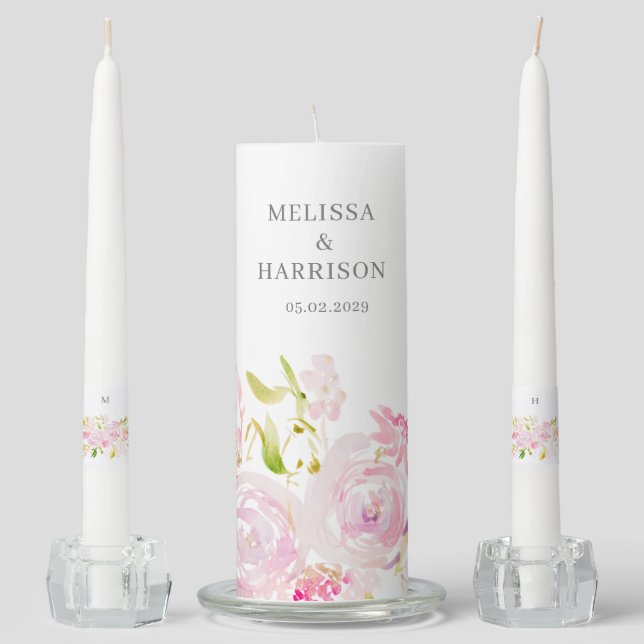 Blush and Pink Watercolor Boho Flowers Wedding  Unity Candle Set (Front)