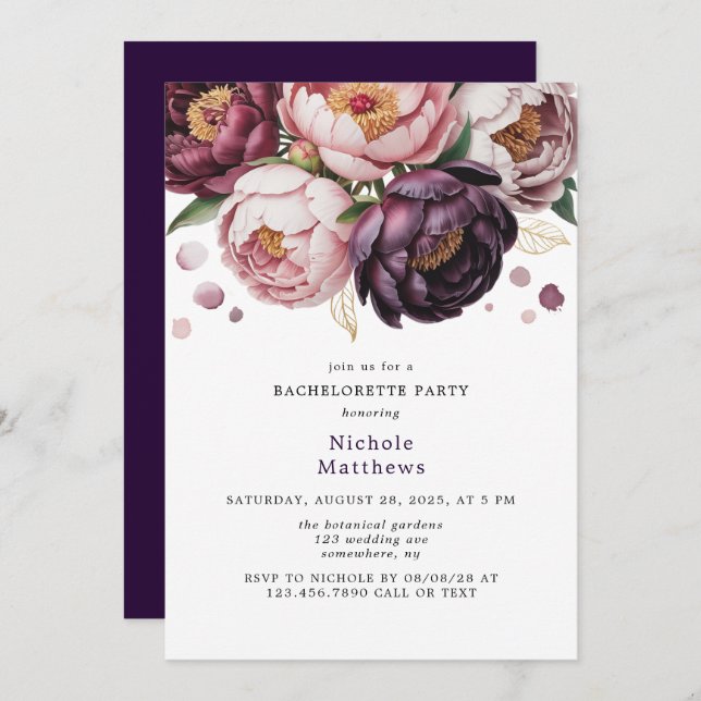 Blush and Plum Peony Floral Bachelorette Party Invitation (Front/Back)