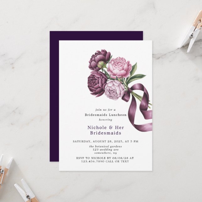 Blush and Plum Peony Floral Bridesmaids Luncheon Invitation (Front/Back In Situ)