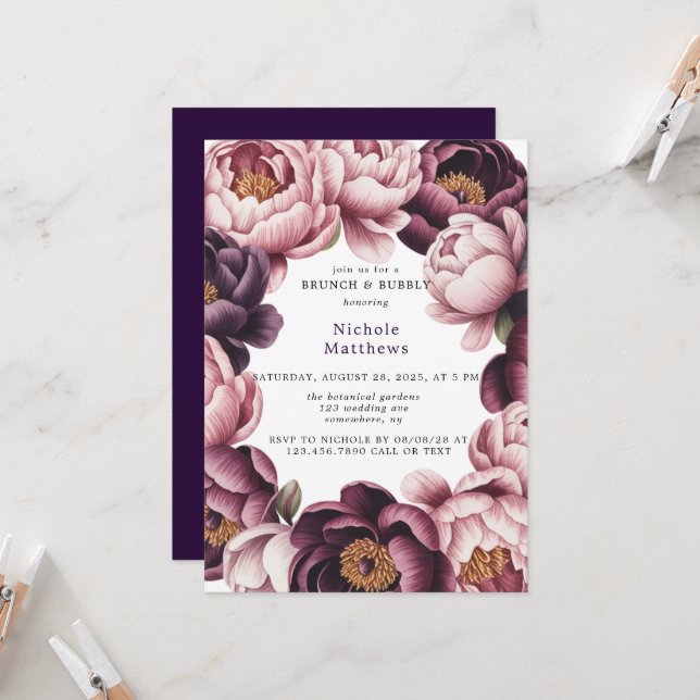 Blush and Plum Peony Wreath Brunch & Bubbly Invitation (Front/Back In Situ)