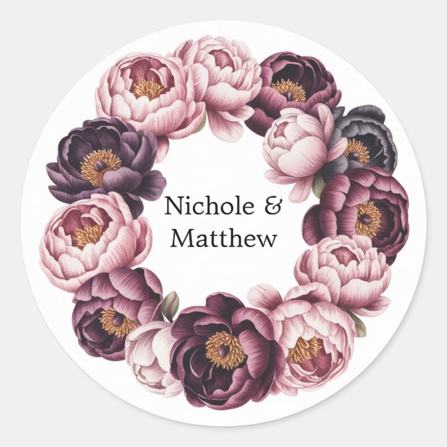 Blush and Plum Peony Wreath Wedding Classic Round Sticker (Front)