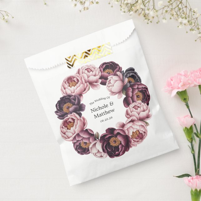 Blush and Plum Peony Wreath Wedding Favor Bag (Sealed)