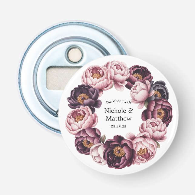 Blush and Plum Peony Wreath Wedding Favor Bottle Opener (Front)