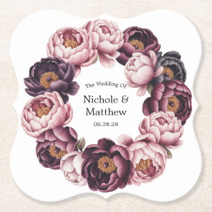 Blush and Plum Peony Wreath Wedding Paper Coaster
