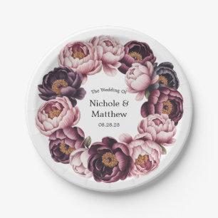 Blush and Plum Peony Wreath Wedding Paper Plates