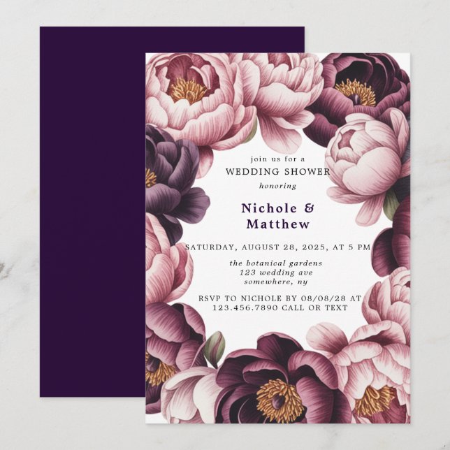 Blush and Plum Peony Wreath Wedding Shower Invitation (Front/Back)