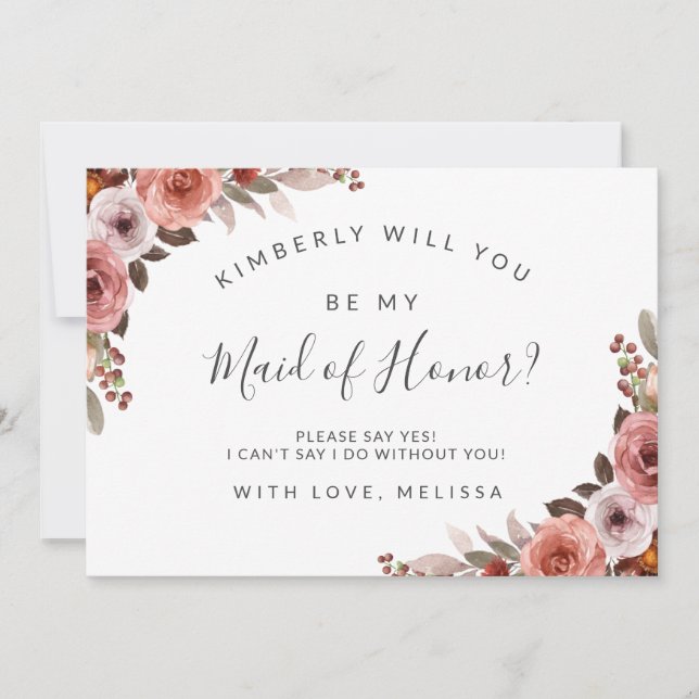 Blush and Rose Floral Be My Maid Of Honor Card (Front)