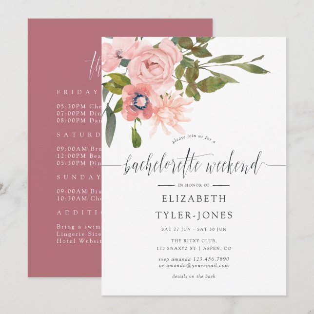 Blush and Rose Gold Bachelorette Weekend Itinerary Invitation (Front/Back)