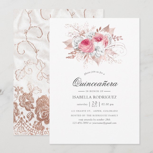 Blush and Rose Gold Floral and Lace Quinceañera Invitation (Front/Back)