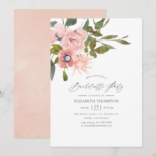 Blush and Rose Gold Floral Bachelorette Party Invitation (Front/Back)