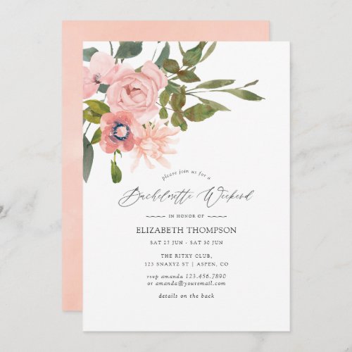 Blush and Rose Gold Floral Bachelorette Weekend Invitation