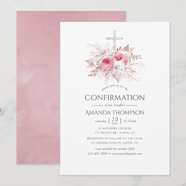 Blush and Rose Gold Floral Confirmation Invitation (Front/Back)