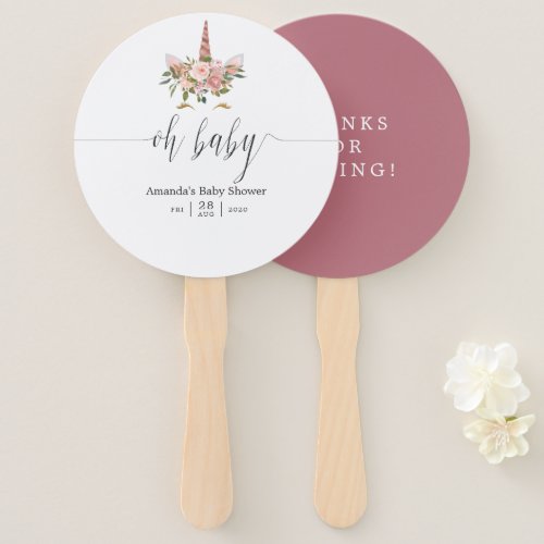 Blush and Rose Gold Floral Unicorn Baby Shower Hand Fan