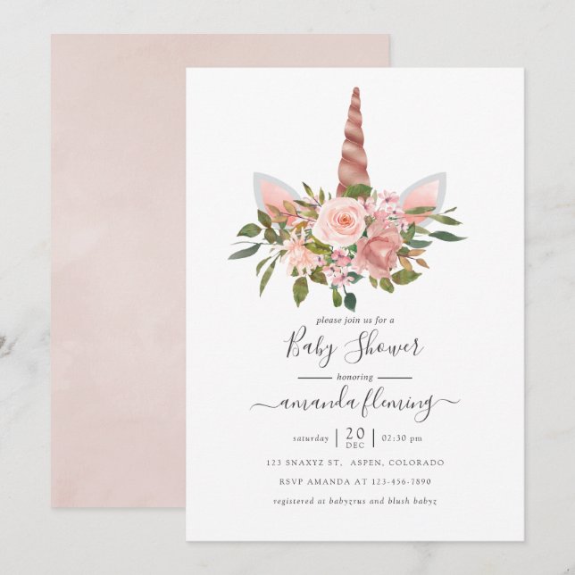 Blush and Rose Gold Floral Unicorn Baby Shower Invitation (Front/Back)