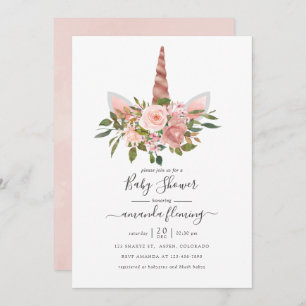 Blush and Rose Gold Floral Unicorn Baby Shower Invitation