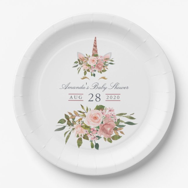 Blush and Rose Gold Floral Unicorn Baby Shower Paper Plates (Front)