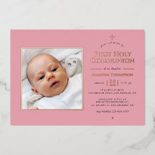 Blush and Rose Gold Geometric Holy Communion Foil Invitation