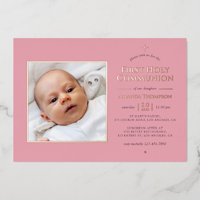 Blush and Rose Gold Geometric Holy Communion Foil Invitation (Front)