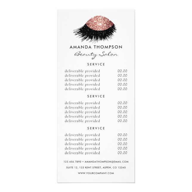 Blush and Rose Gold Glitter Beauty Salon Services Rack Card (Front)