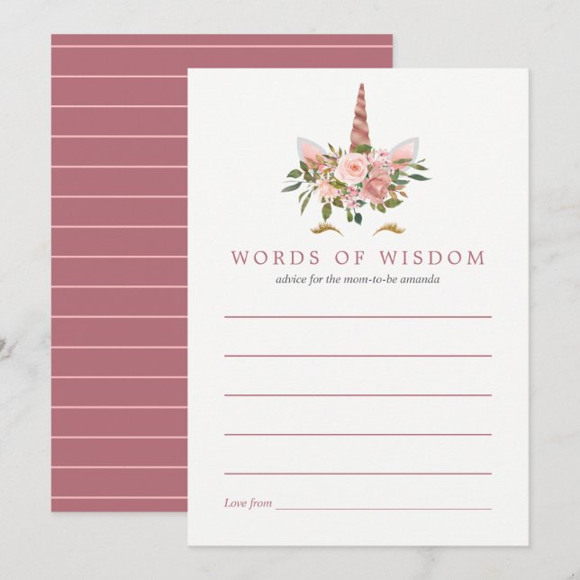 Blush and Rose Gold Unicorn Baby Shower Mom Advice Invitation (Front/Back)