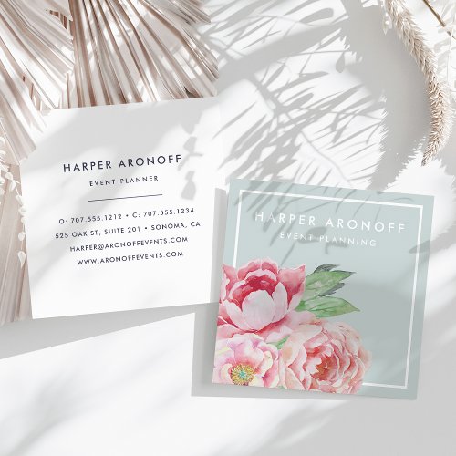 Blush and Sage Antique Peony Square Square Business Card