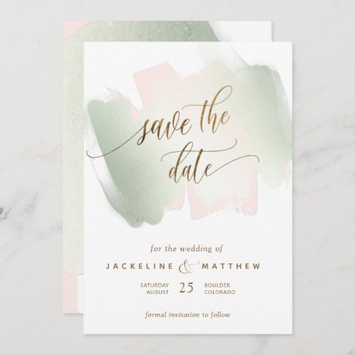 Blush and Sage Brush Strokes Minimal Wedding Save The Date